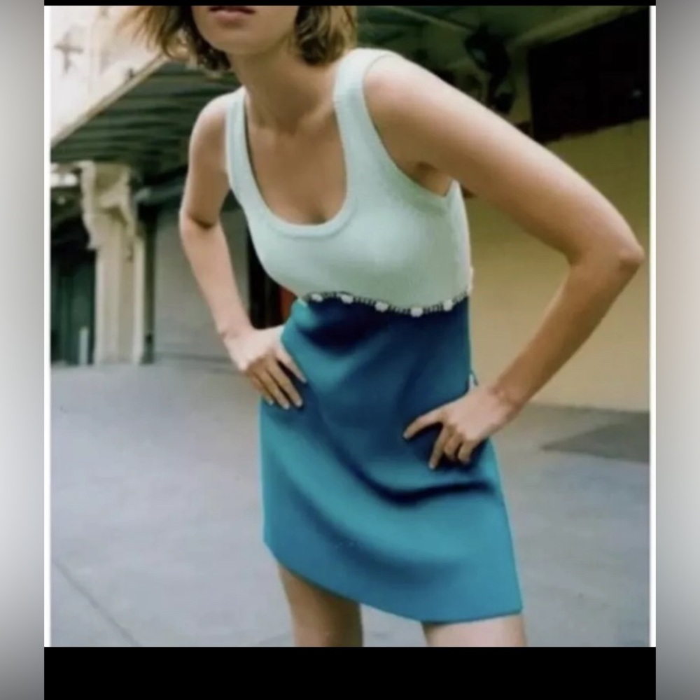 BNWT Zara Rib Knit Dress Sleeveless Lime Teal Blue Rhinestone Faux Pearl A Line